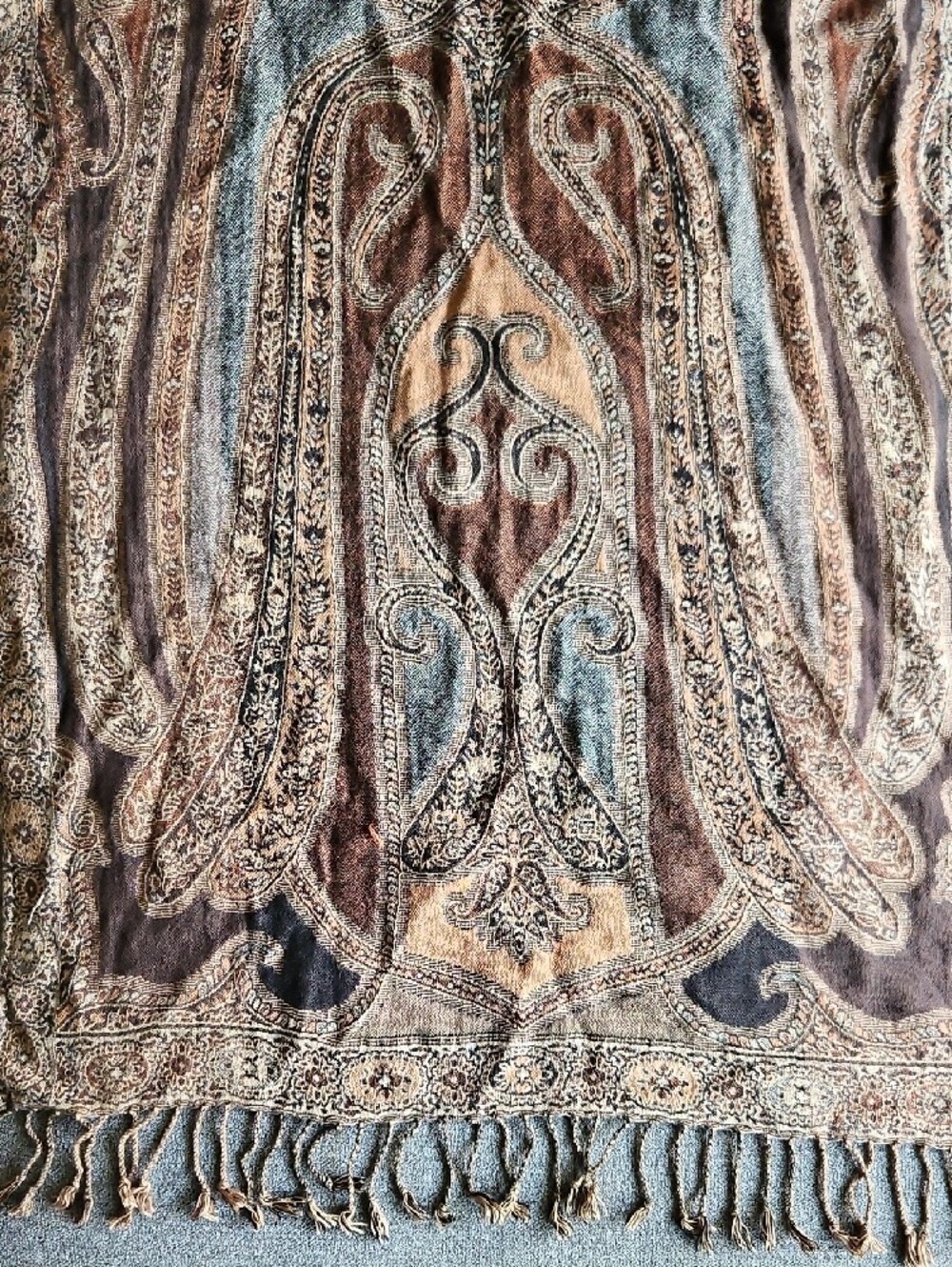 Kashmiri Kani Jamawar Style Paisley Shawl Wrap Tan Teal Brick Red XL